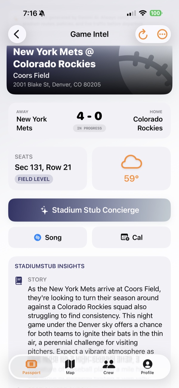 Game day screen showing the live score, seat location, weather and the AI concierge.