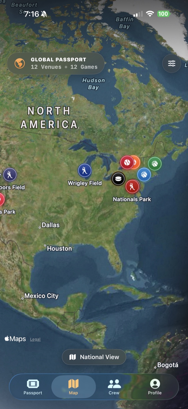 A map of North America with pins on every stadium the user has visited.