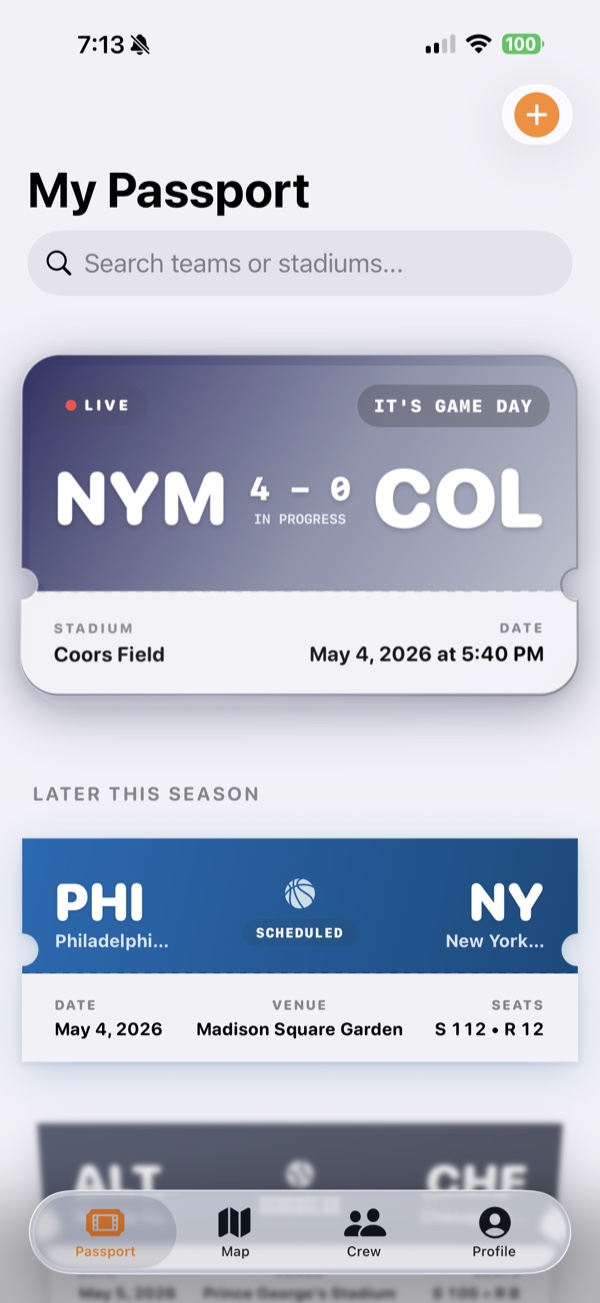 StadiumStub showing a live Mets at Rockies game with the score in progress.